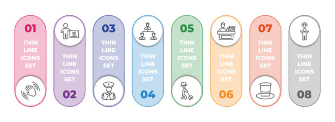 people infographic element with outline icons and 8 step or option. people icons such as waving goodbye, radiologist working, policeman working, businessmen hierarchy, farmer working, at the office,