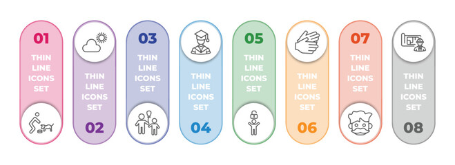 people infographic element with outline icons and 8 step or option. people icons such as feeding a dog, weathercaster, man child and balloons, graduating boy, man with open lock, partners claping