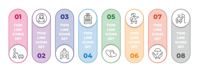 people infographic element with outline icons and 8 step or option. people icons such as person mowing the grass, woman profile, sumo fighter, ticket hine, two hearts, scholar girl front, insurance