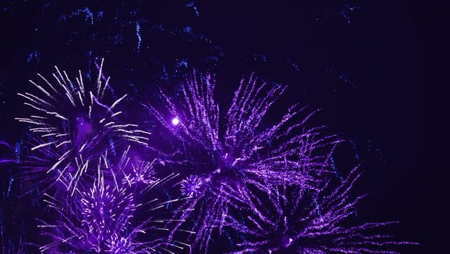 Fireworks in night sky after celebration. The colors are blue and violet