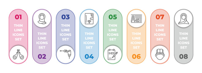other infographic element with outline icons and 8 step or option. other icons such as nail trimmer, muslim woman with hijab, tattoo hine, smart wallet, paper list and a pencil, paragraph aa, self