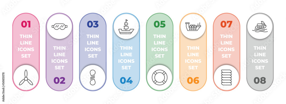 Aufkleber nautical infographic element with outline icons and 8 step or option. nautical icons such as propell