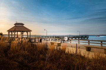 A winter view of sunset on the famous fishing pier in Jones beach, New York