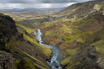 Fossa river valley near Haifoss waterfall in Iceland