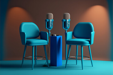Obraz premium modern podcast studio blue tones, Generative Ai