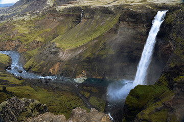 Naklejka na ściany i meble Scenic view of Haifoss waterfall on Fossa river, south of Iceland
