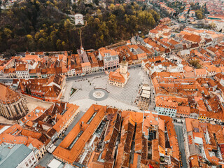 Old town of Brasov and the City Hall square in Transylvania, Romania. Council Square.