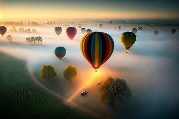 plein de montgolfières s'envolent au dessus d'une campagne avec un léger brouillard le matin à l'occasion d'un festival - illustration généré par IA - obrazy, fototapety, plakaty