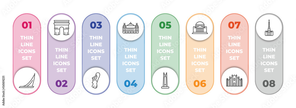 Poster monuments infographic element with outline icons and 8 step or option. monuments icons such as mosco