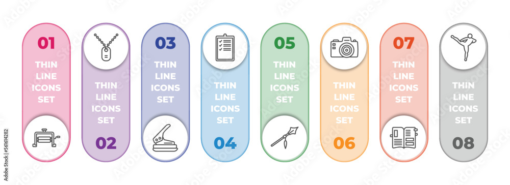Poster miscellaneous infographic element with outline icons and 8 step or option. miscellaneous icons such 