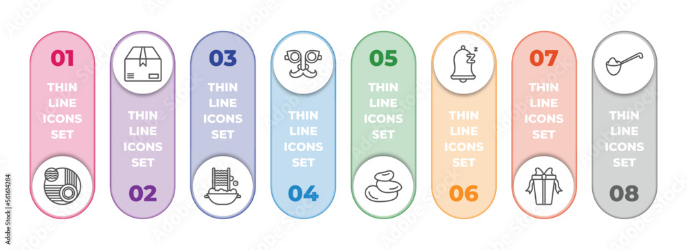 Poster miscellaneous infographic element with outline icons and 8 step or option. miscellaneous icons such 