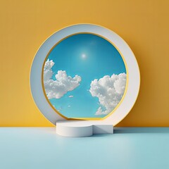 Clouds on blue sky and circular product display, white podium and platforms. Abstract yellow background. Generative AI.	