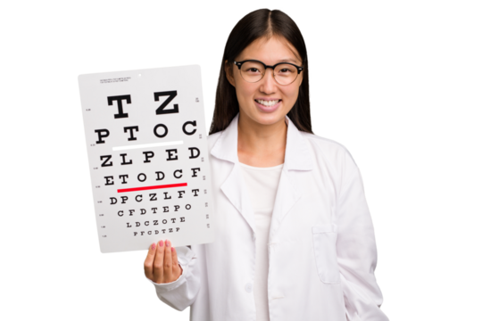 Young asian oculist woman holding a eye chart paper isolated happy, smiling and cheerful.