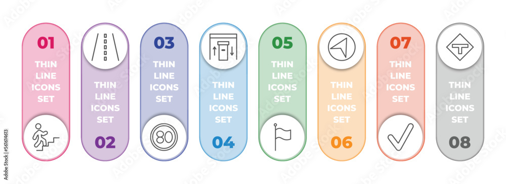 Poster maps and flags infographic element with outline icons and 8 step or option. maps and flags icons suc