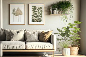 Scandinavian style living room interior mock up, modern living room interior background, beige sofa and plant,. Generative AI