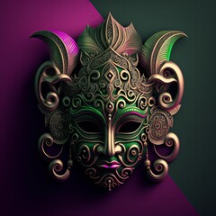 Colorful mask isolated on neon magenta background. Sacred masks are used for various dances and shamanic rituals. Generative AI.