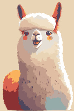 Happy cheerful lama. Hand drawn vector drawing of cartoon animal. Cute alpaca. Funny vector illustration. Wildlife of Peru, south america. Cool poster drawing or card for kids and children. 
