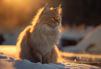 Portrait of a magnificent  Manx cat on snow made with Generative AI