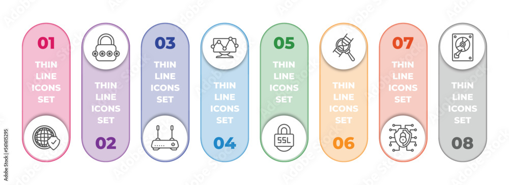 Poster internet security infographic element with outline icons and 8 step or option. internet security ico
