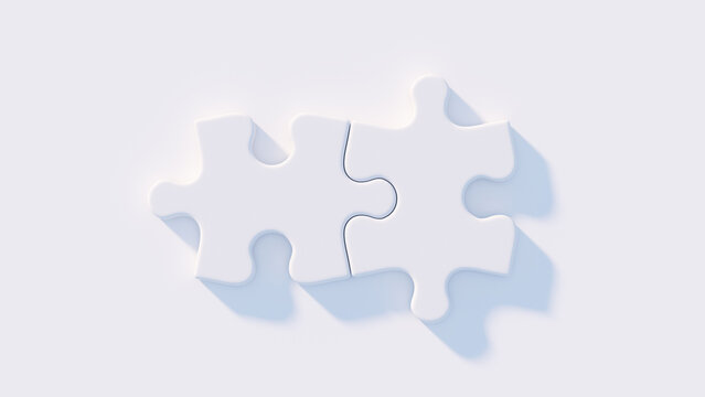 Two connected white puzzle pieces on white - 3d rendering