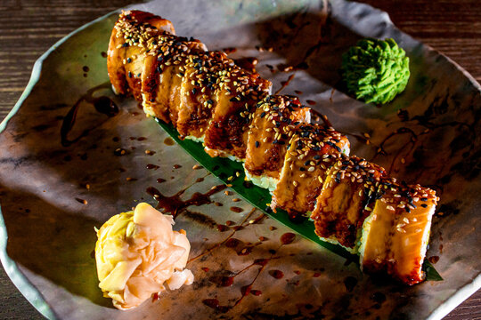 sushi rolls golden dragon dish in restaurant
