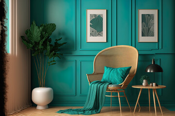 Contemporary turquoise toned wooden living room, lounge, waiting area, rattan chair, and booth. Parquet flooring, decorations, and a vase with straw ears. Mockup of a frame, interior design
