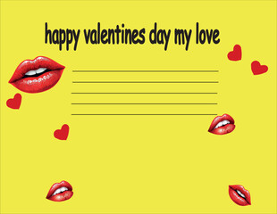 Greeting card in yellow color with kisses and inscription "happy valentines day my love". Vector illustration