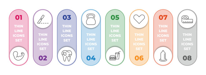 health and medical infographic element with outline icons and 8 step or option. health and medical icons such as arm, surgery, caries, kettlebell, fast food, heart, condom, measure tape vector.