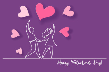 Valentines day card. Happy couple woman and man dancing