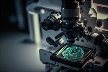 Obraz na płótnie Canvas Generative Illustration AI of microscope lens in scientific laboratory examining cells