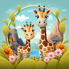Cute couple giraffe cartoon with landscape background