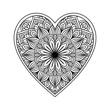 Heart mandala coloring page for adult, heart with floral mandala pattern art, heart shaped mandala floral pattern for coloring page, hand drawn heart floral mandala doodle for coloring book