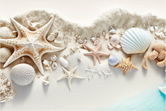starfish and seashells  corals and starfish on pure white sand and blue sea water - summer concept  ,GENERATIVE AI