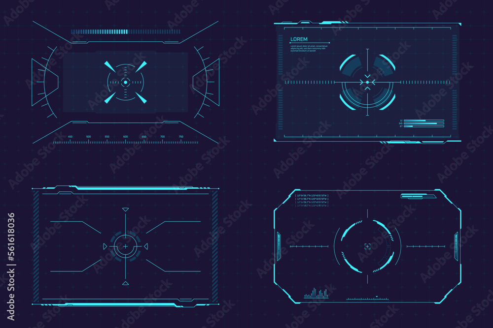 Poster hud target screens. targeting focusing screen sci fi monitor, crosshair in helmet eye square display