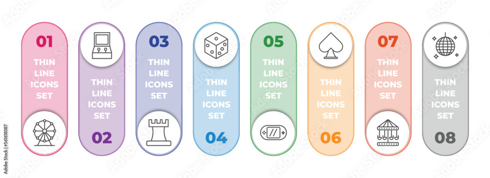 Aufkleber arcade infographic element with outline icons and 8 step or option. arcade icons such as ferris whee
