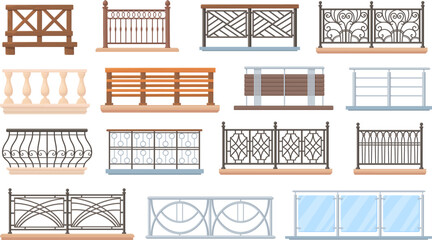 Balcony railing. Wooden and stainless railings house fencing architecture, decorative handrail terrace glass balustrade metal banister of vintage exterior, neat vector illustration