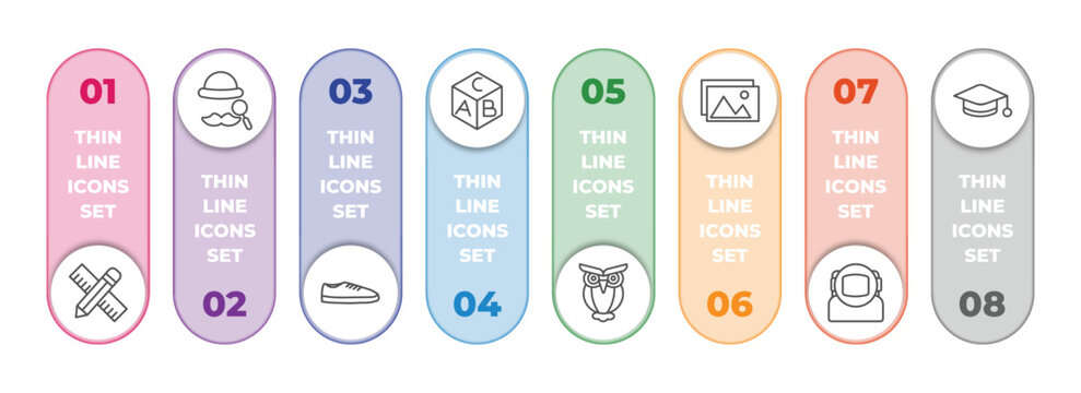 education infographic element with outline icons and 8 step or option. education icons such as school material, sherlock holmes, shoe, block with letters, owl, pictures, astronaut, scholar vector.