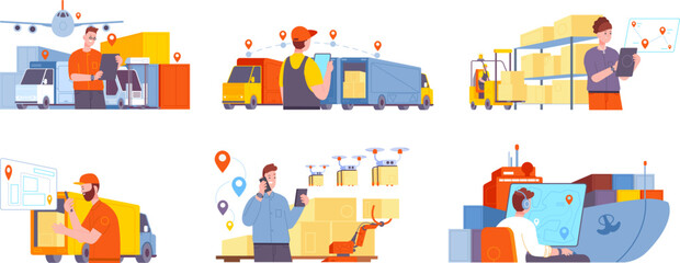 Global supply manager. Logistics chain management, international business shipping concept, goods delivery destination storage, cargo exportation types splendid vector illustration