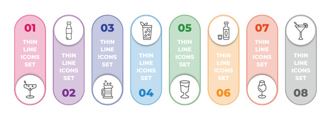 drinks infographic element with outline icons and 8 step or option. drinks icons such as last word drink, , beer mug, cuba libre, mind eraser drink, alcohol, glass with wine, martinez vector. - obrazy, fototapety, plakaty