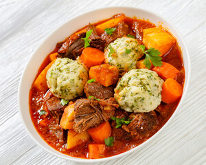 Beef Stew with Dumplings in bowl, top view