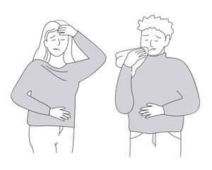People get sick, sneeze. A woman and a man have migraines, colds, fever, runny nose. Vector art line graphics.