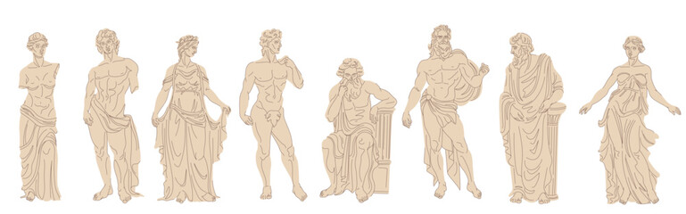 Fototapeta na wymiar Marble greek sculptures. Statues of roman scholar or olympic god greece mythology, ancient monuments and female statue sculptural anatomy museum art ingenious vector illustration