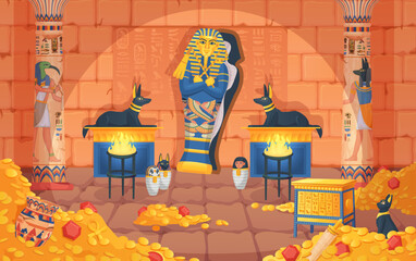 Egyptian tomb. Egypt tombs, underground palace inside pyramid in desert, pharaoh sarcophagus afterlife coffin, gold treasure chamber game background ingenious vector illustration - obrazy, fototapety, plakaty