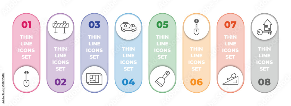 Poster construction infographic element with outline icons and 8 step or option. construction icons such as