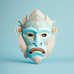 Obraz premium Balinese monkey mask isolated on light blue background. Sacred masks are used for various rituals. Generative AI.