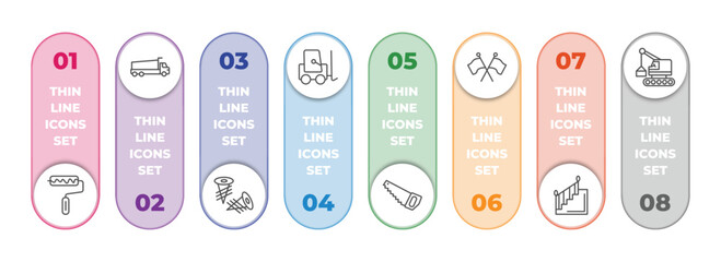 construction infographic element with outline icons and 8 step or option. construction icons such as roller and paint, tipper, two screws, trolley truck, big saw, flags crossed, stairs with handle,