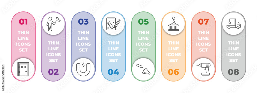 Poster construction infographic element with outline icons and 8 step or option. construction icons such as