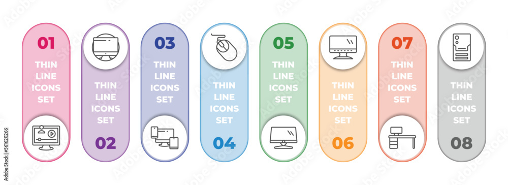 Poster computer infographic element with outline icons and 8 step or option. computer icons such as video l