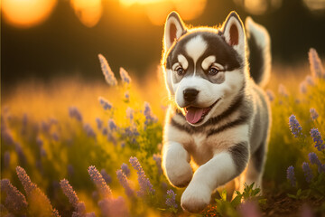 Dog portrait, Siberian Husky puppy running playfully through spring flowers, AI generated