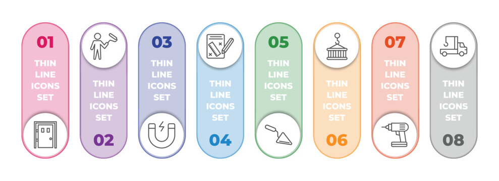 Construction Infographic Element With Outline Icons And 8 Step Or Option. Construction Icons Such As Big Door, Man Painting, Inclined Magnet, Measures Plan, Construction Palette, Derrick With